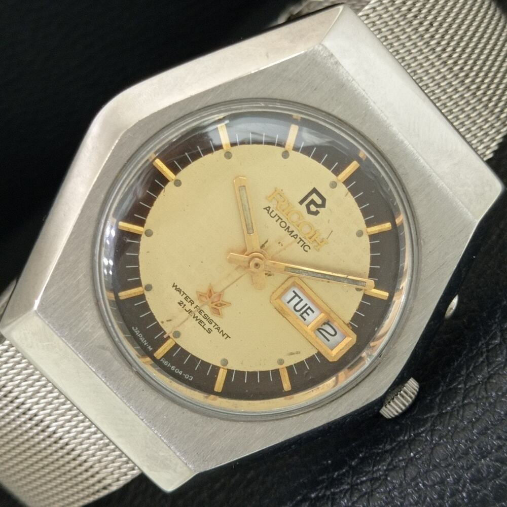 Vintage 1984 Ricoh Automatic Mens Silver Watch W/daydate & Gold accents
